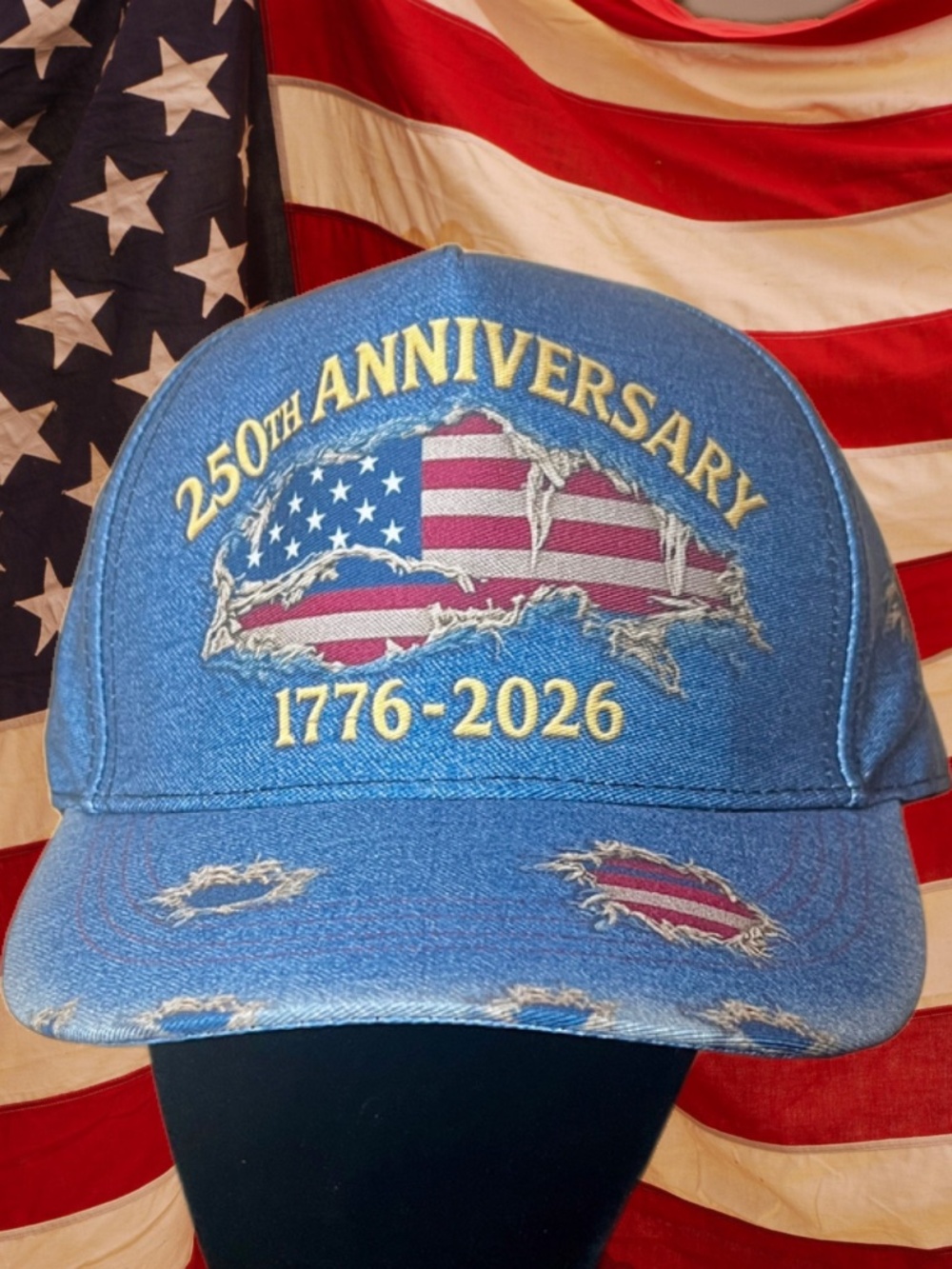 America's 250th. Anniversary Distressed Denim Look Ballcap NEW